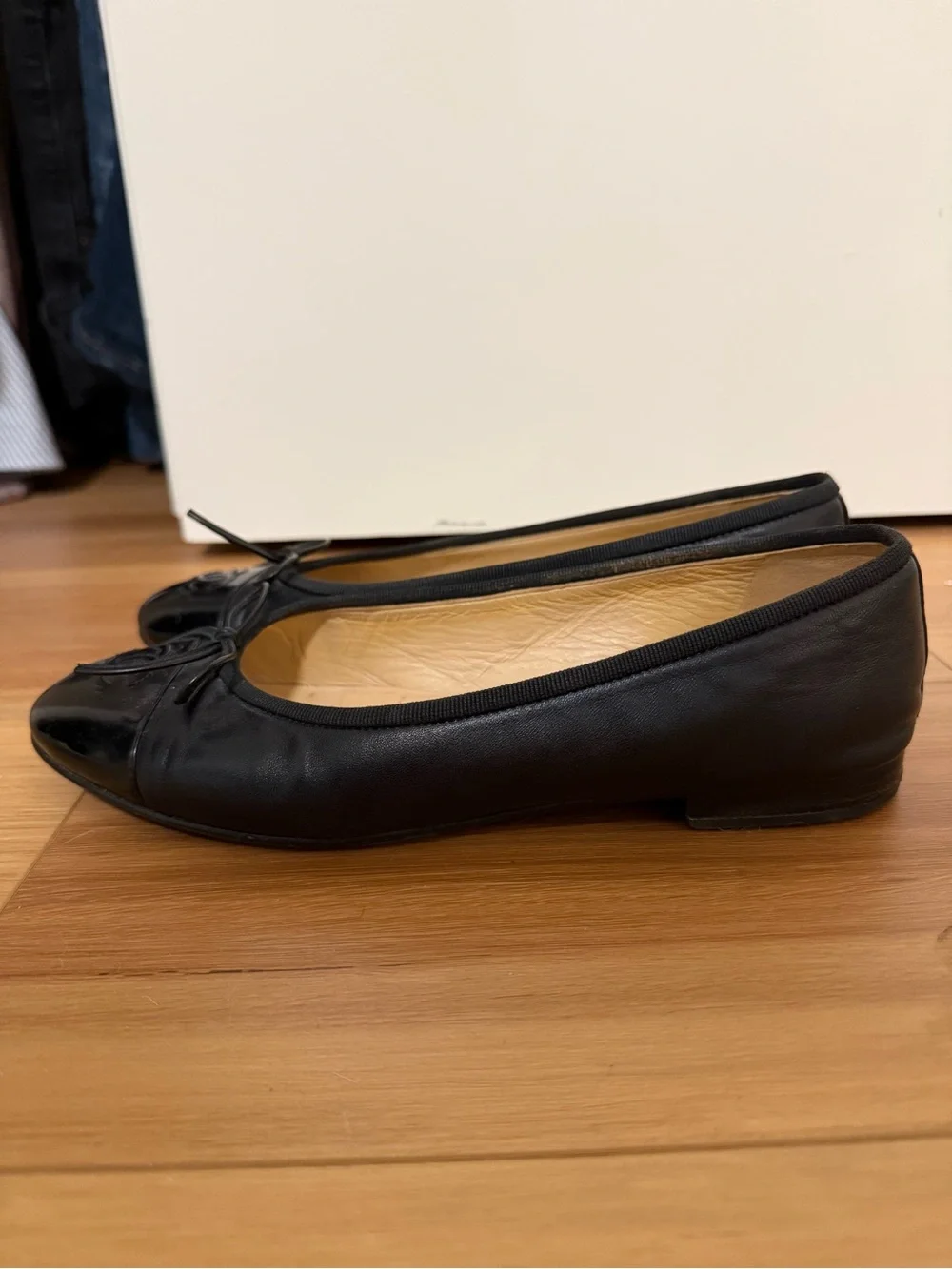 CHANEL Black Leather and Patent Toe Ballet Flats